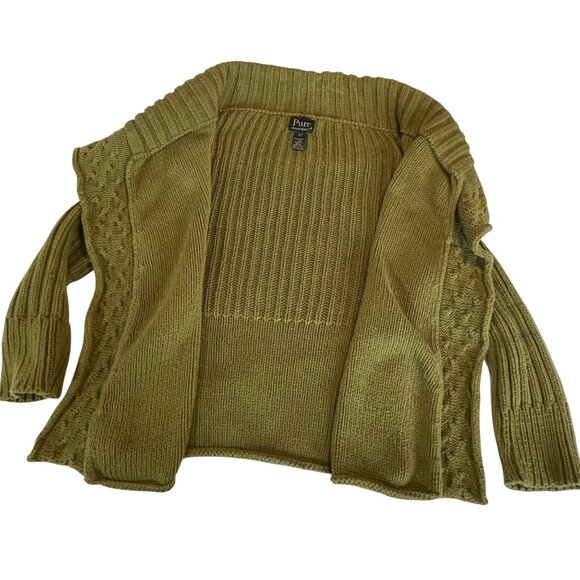 Pure Olive Green Knit Cardigan Sweater S/m Handknit Ribbed Sleeves Cable Knit - Picture 3 of 9
